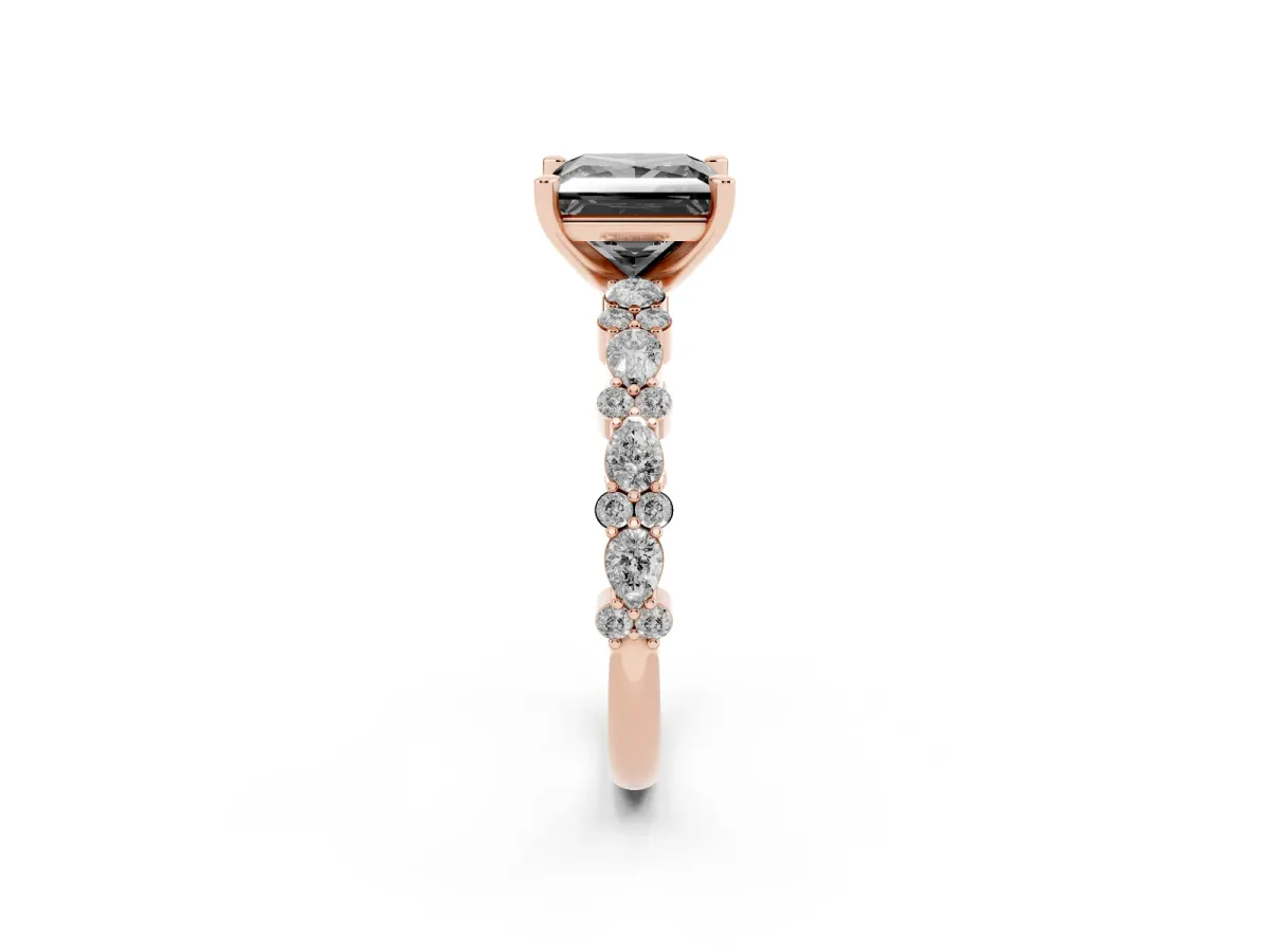 Fancy Black Princess Cut Diamond Side Stone Solitaire Ring with Round and Four-Prong Setting Rose gold