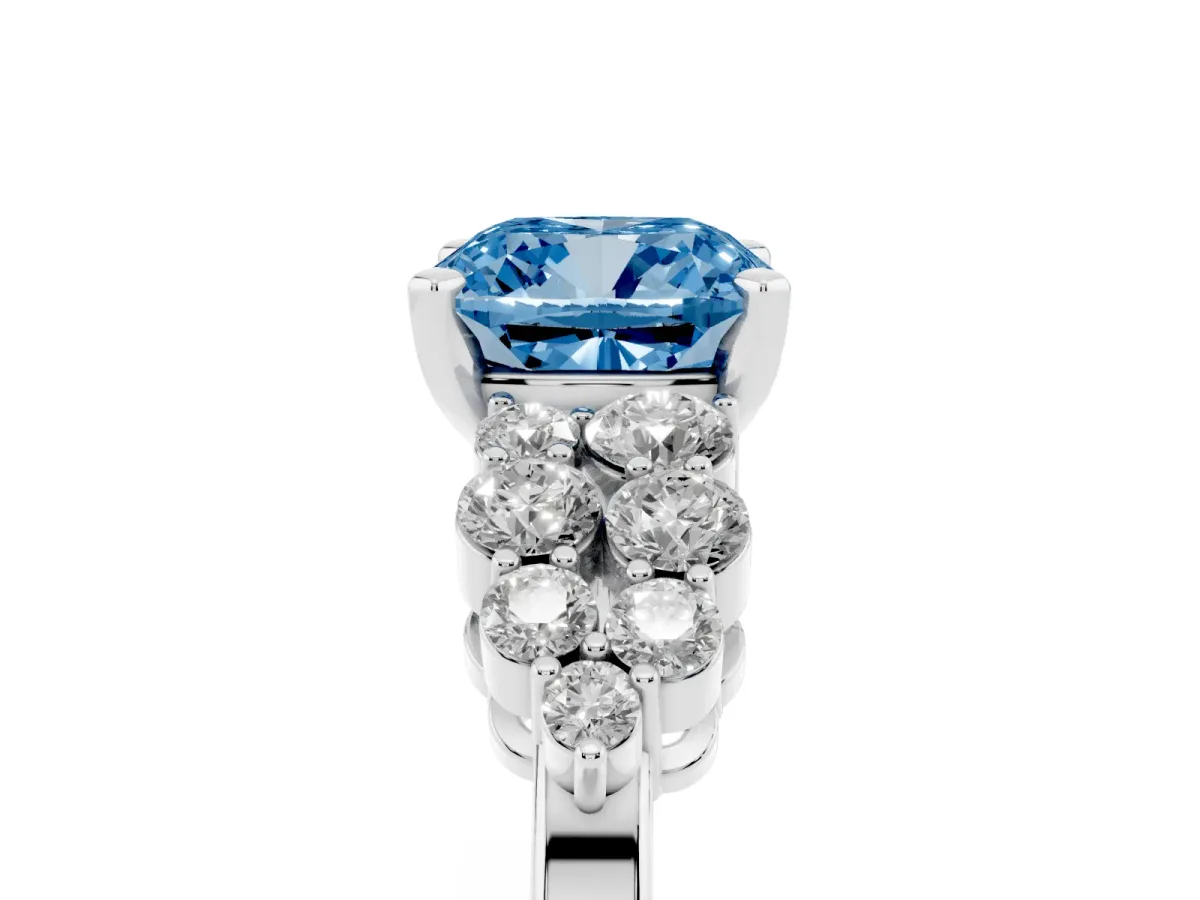 Fancy Blue Cushion Cut Cluster Diamond Engagement Ring with Pavé Band and Four-Prong Setting White gold