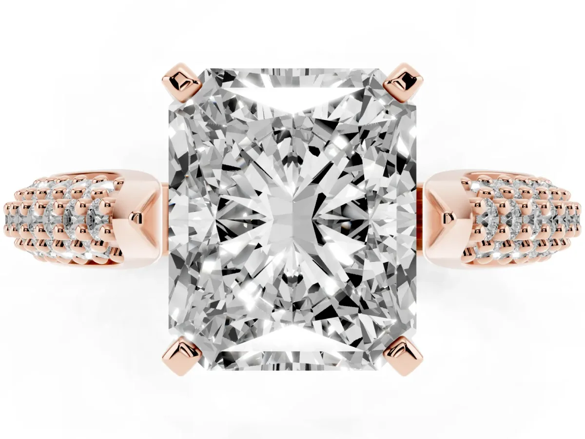 Radiant Cut Diamond Solitaire Engagement Ring with Multi-Row Round Pavé Band and Prong Setting Rose gold