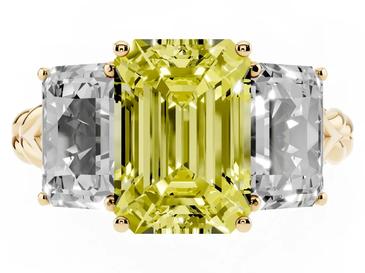 Fancy Yellow Three-Stone Emerald Cut Diamond Braided Band Ring with Four-Prong Setting Yellow gold