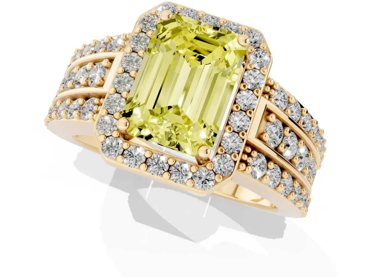 Fancy Yellow Emerald Cut Halo Diamond Ring with Round Split Shank and Prong Setting Yellow gold