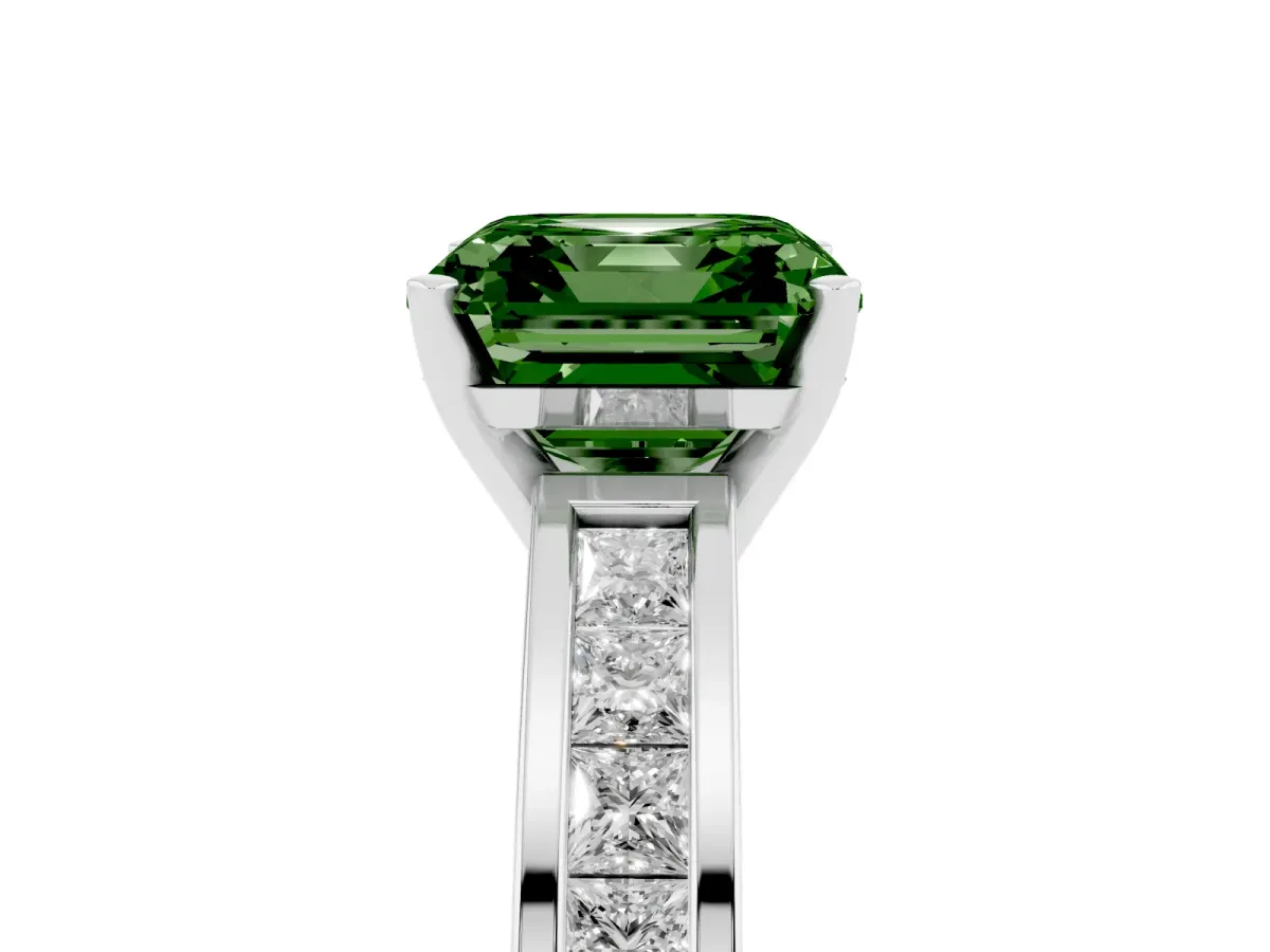 Fancy Green Asscher Cut Solitaire Diamond Ring with Channel-Set Band and Four-Prong Setting Silver