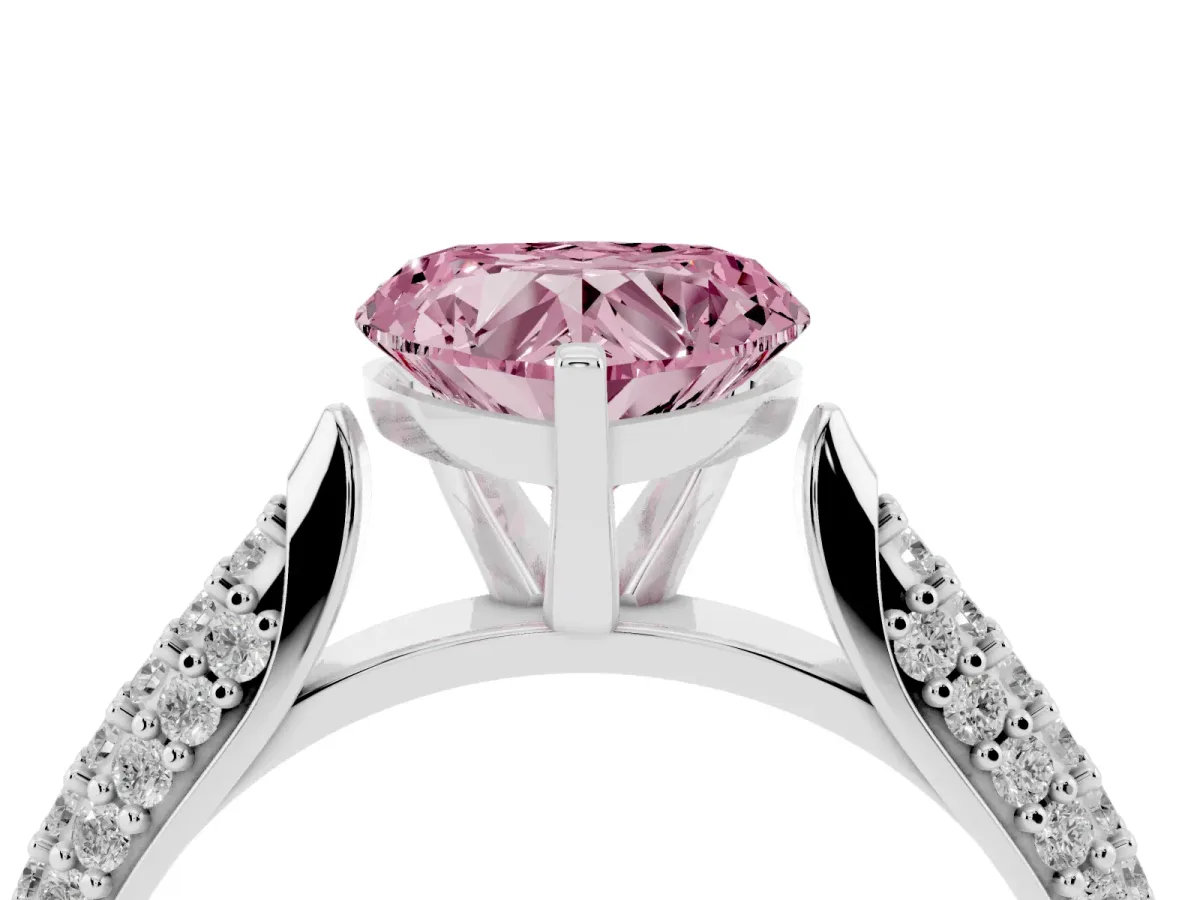 Fancy Pink Heart Cut Diamond Solitaire Engagement Ring with Multi-Row Round Pavé Band and Prong Setting Silver