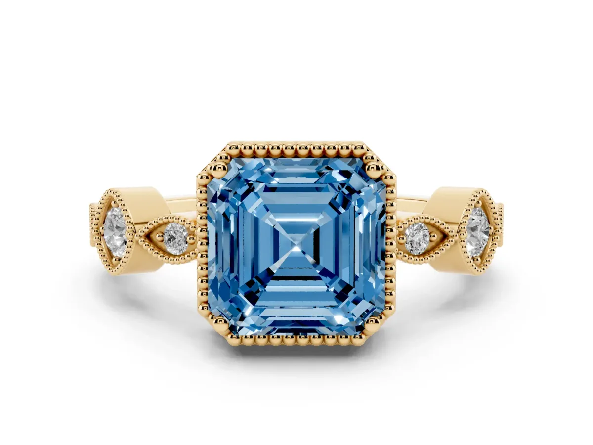 Fancy Blue Asscher Cut Diamond Vintage Milgrain Ring with Round Stations Yellow gold