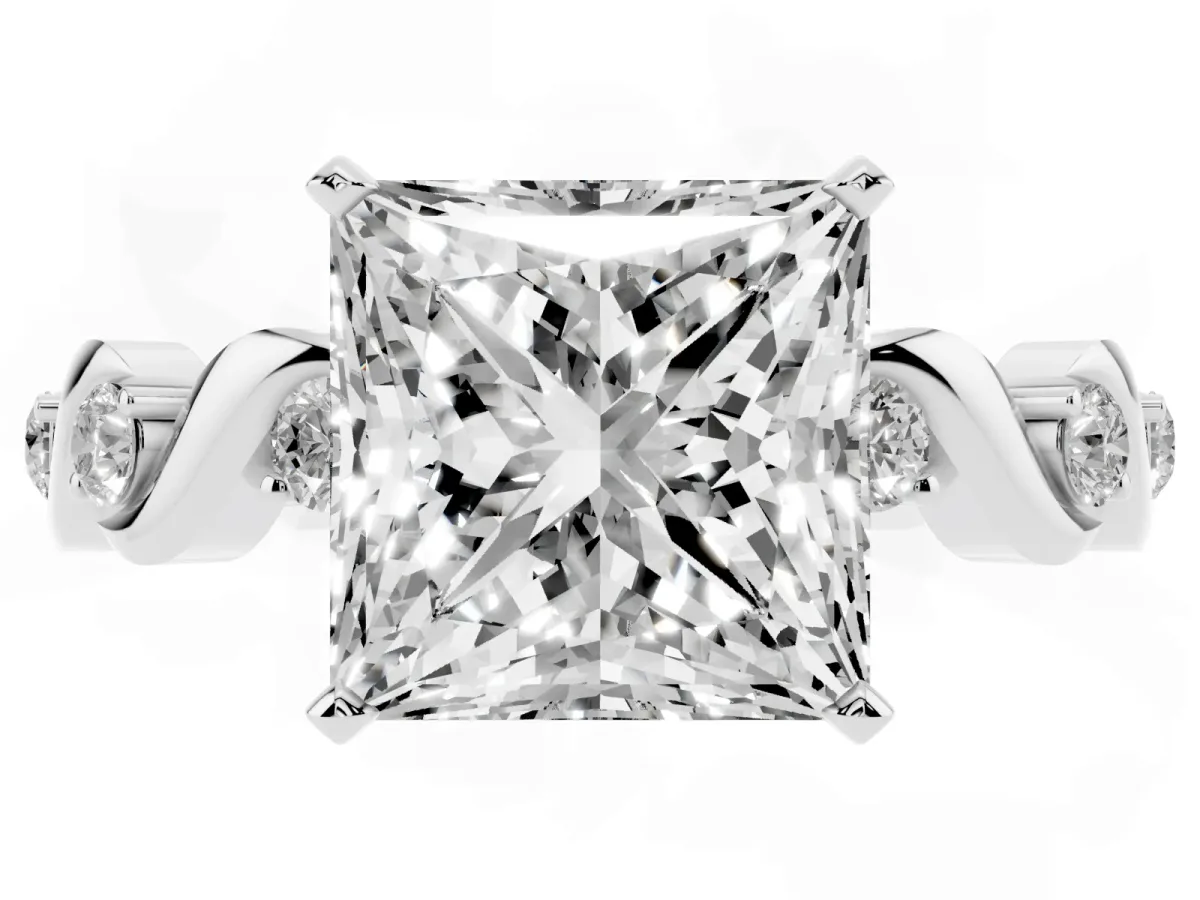 Princess Cut Diamond Solitaire Twisted Band with Round Accents and Prong Setting White gold