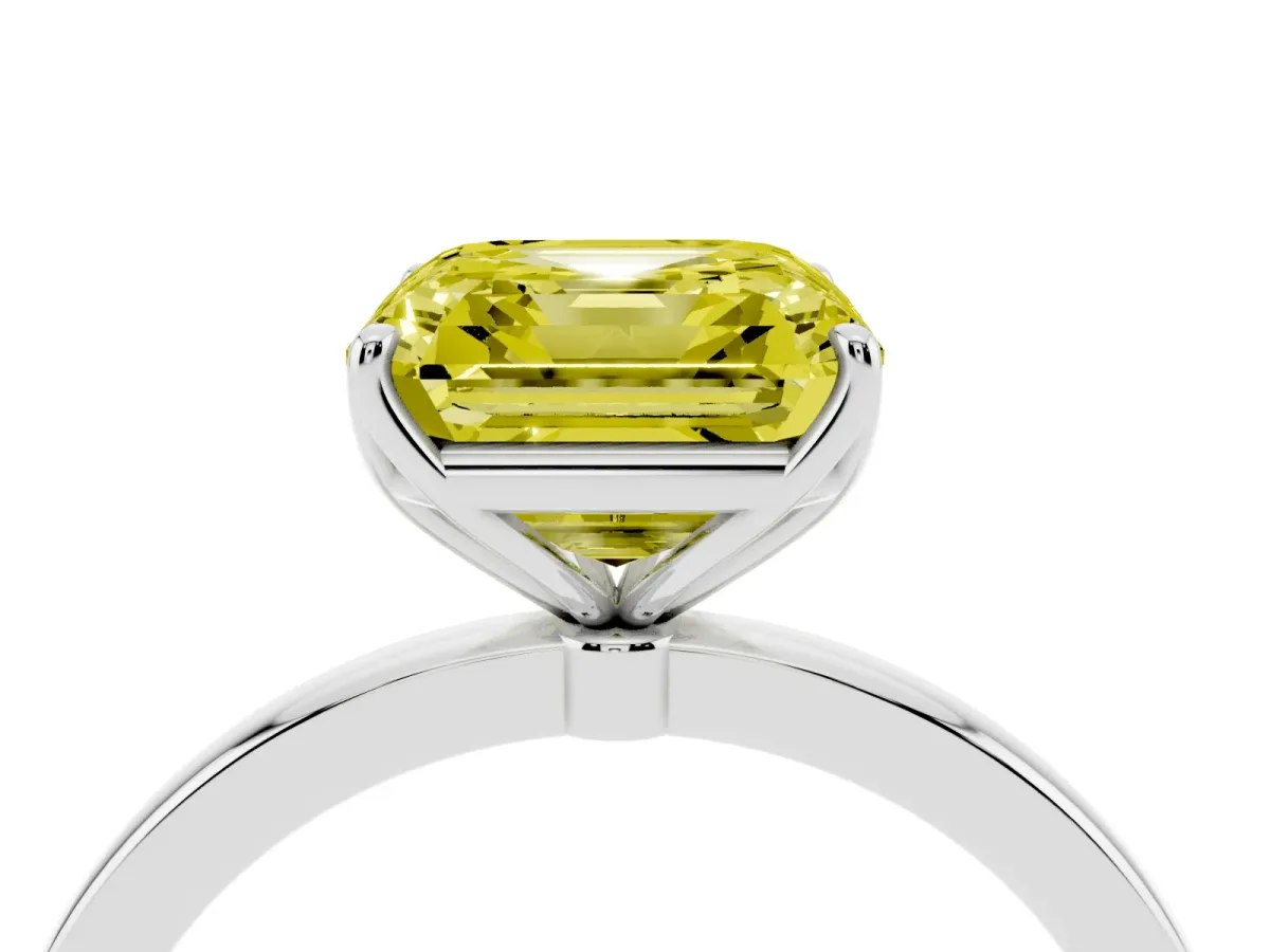 Fancy Yellow Asscher Cut Diamond Solitaire Ring with Thin Band and Prong Setting Silver
