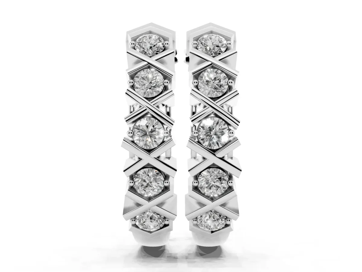 Round Diamond Criss-Cross Prong Hoop Earrings Silver