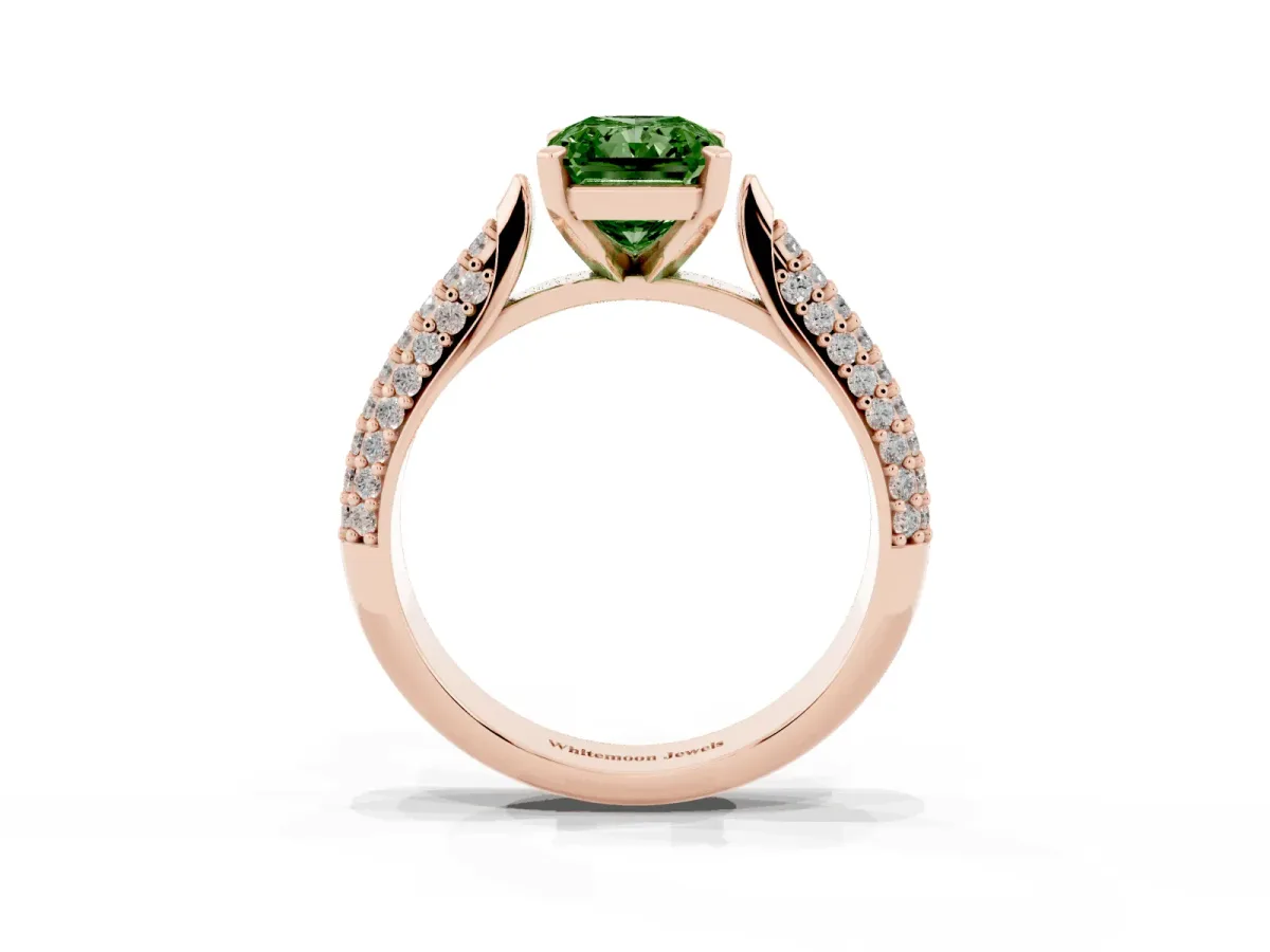 Fancy Green Radiant Cut Diamond Solitaire Engagement Ring with Multi-Row Round Pavé Band and Prong Setting Rose gold