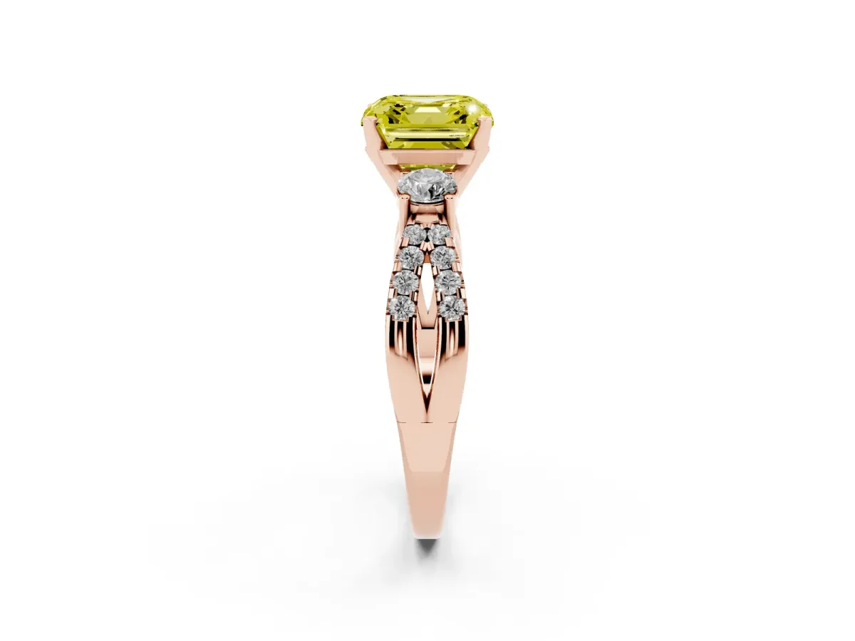 Fancy Yellow Asscher Cut Diamond Three-Stone Ring with Pavé Split Shank and Four-Prong Setting Rose gold