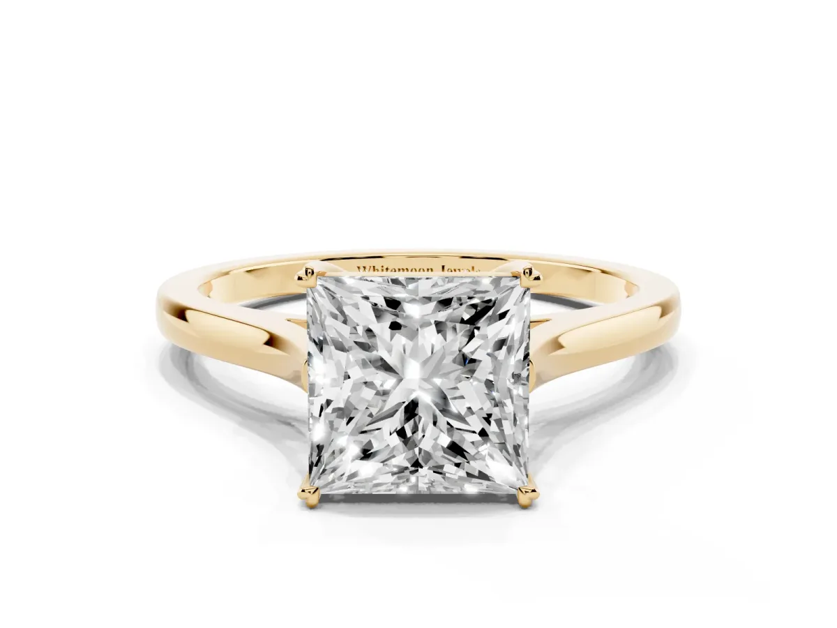 Princess Cut Solitaire Heart Prong Engagement Ring with Tapered Band Yellow gold