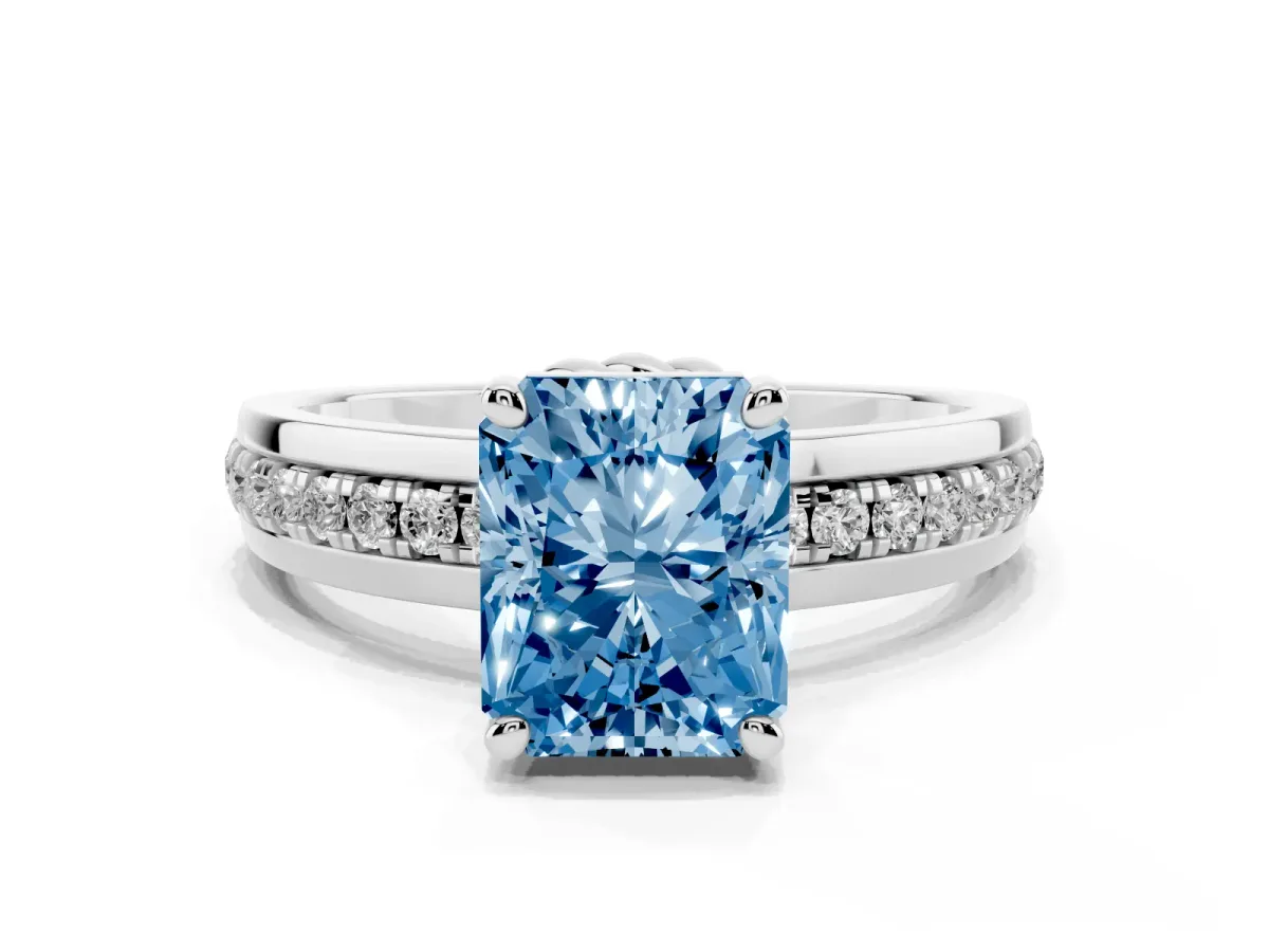 Fancy Blue Radiant Cut Solitaire Diamond Ring with Channel Set Band and Six-Prong Setting White gold