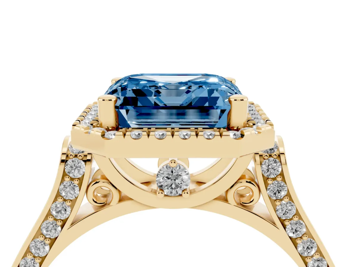 Fancy Blue Asscher Cut Halo Pave Split Shank Prong Setting Ring Yellow gold