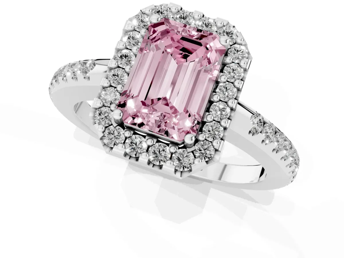 Fancy Pink Emerald Cut Diamond Pavé Halo Ring with Four-Prong Setting Silver
