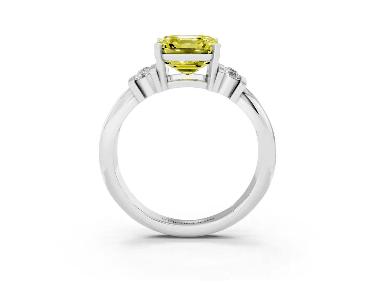 Fancy Yellow Asscher Cut Cut Three-Stone Channel Set Ring with Bar Prongs Silver