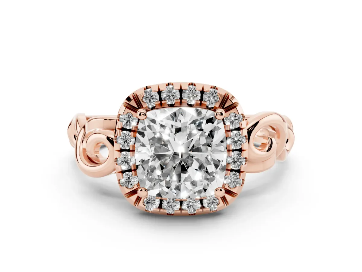 Cushion Cut Cut Halo Diamond Ring with Scrollwork Band and Four-Prong Setting Rose gold