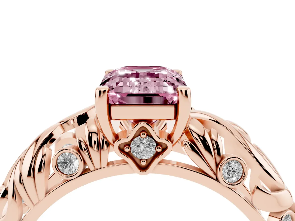 Fancy Pink Emerald Cut Solitaire Diamond Leaf-Inspired Vine Band Ring with Prong Setting Rose gold