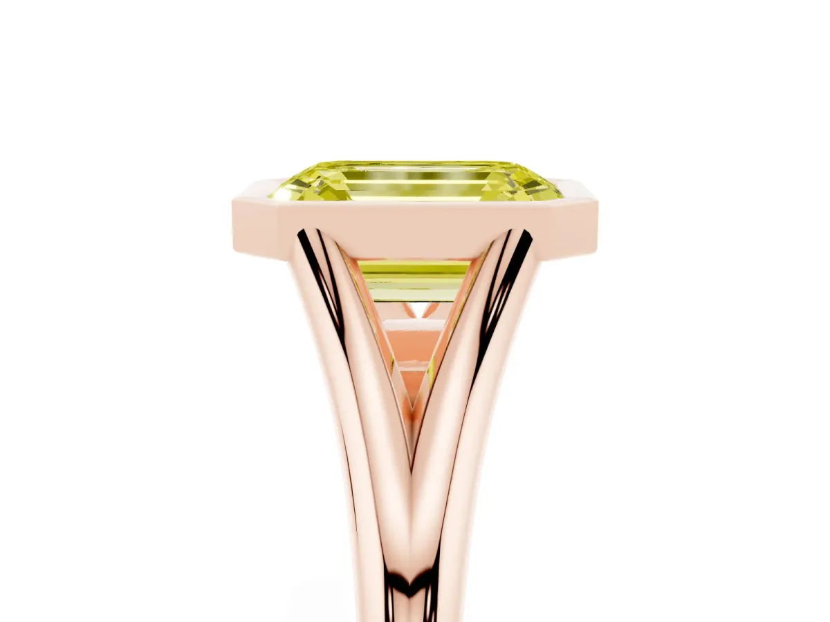 Fancy Yellow Bezel Set Emerald Cut Cut Solitaire Ring with Tapered Band Rose gold