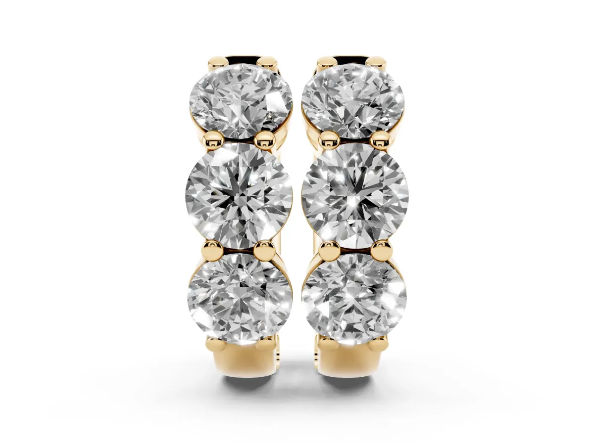 Triple Round Diamond Huggie Earrings with Prong Setting Yellow gold
