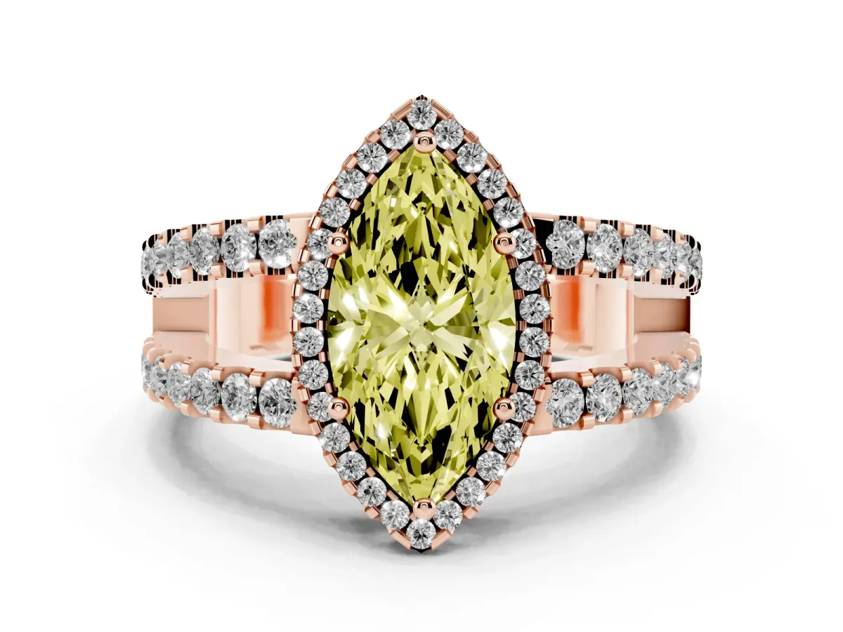 Fancy Yellow Marquise Cut Cut Halo Split Shank Diamond Ring with Four-Prong Setting Rose gold