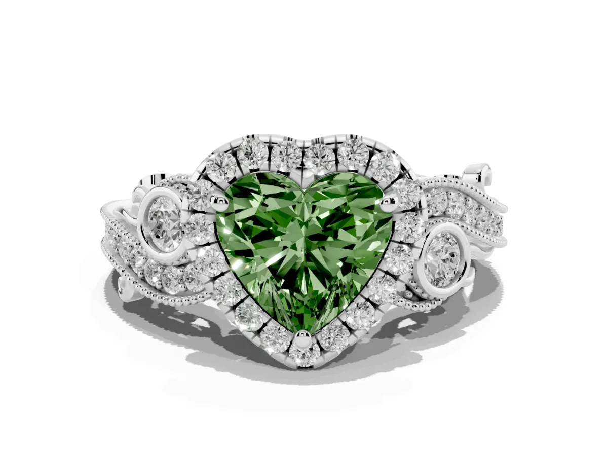 Fancy Green Heart Cut Diamond Halo Ring with Milgrain Pavé Band and Four-Prong Setting Silver