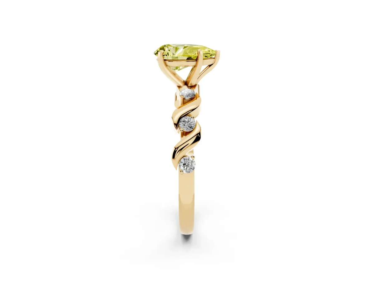 Fancy Yellow Pear Cut Diamond Solitaire Twisted Band with Round Accents and Prong Setting Yellow gold