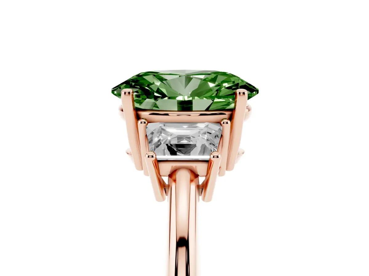 Fancy Green Oval Cut Diamond Three-Stone Ring with Trapezoid Side Stones and Prong Setting Rose gold
