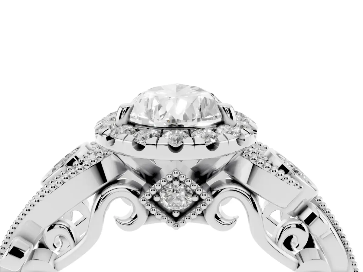 Pear Cut Diamond Halo Ring with Milgrain Pavé Band and Four-Prong Setting Silver