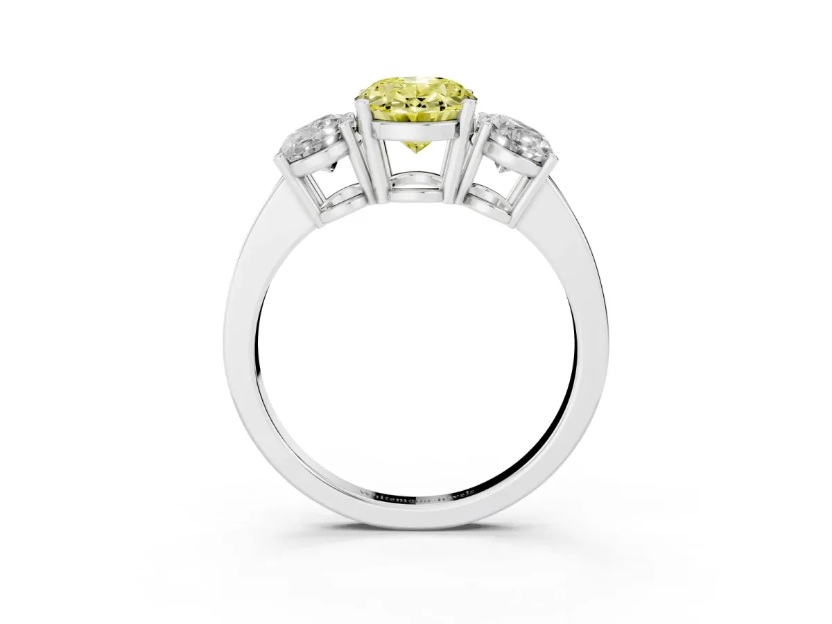Fancy Yellow Three-Stone Oval Cut Cut Diamond Engagement Ring with Flat Band and Four-Prong Setting Silver