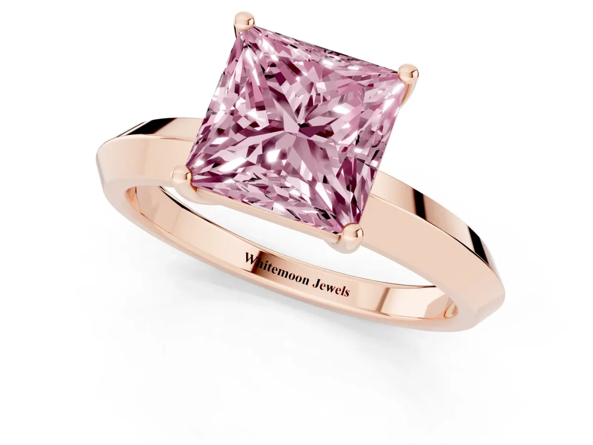 Fancy Pink Princess Cut Cut Solitaire Engagement Ring with Flat Band and Four-Prong Setting Rose gold