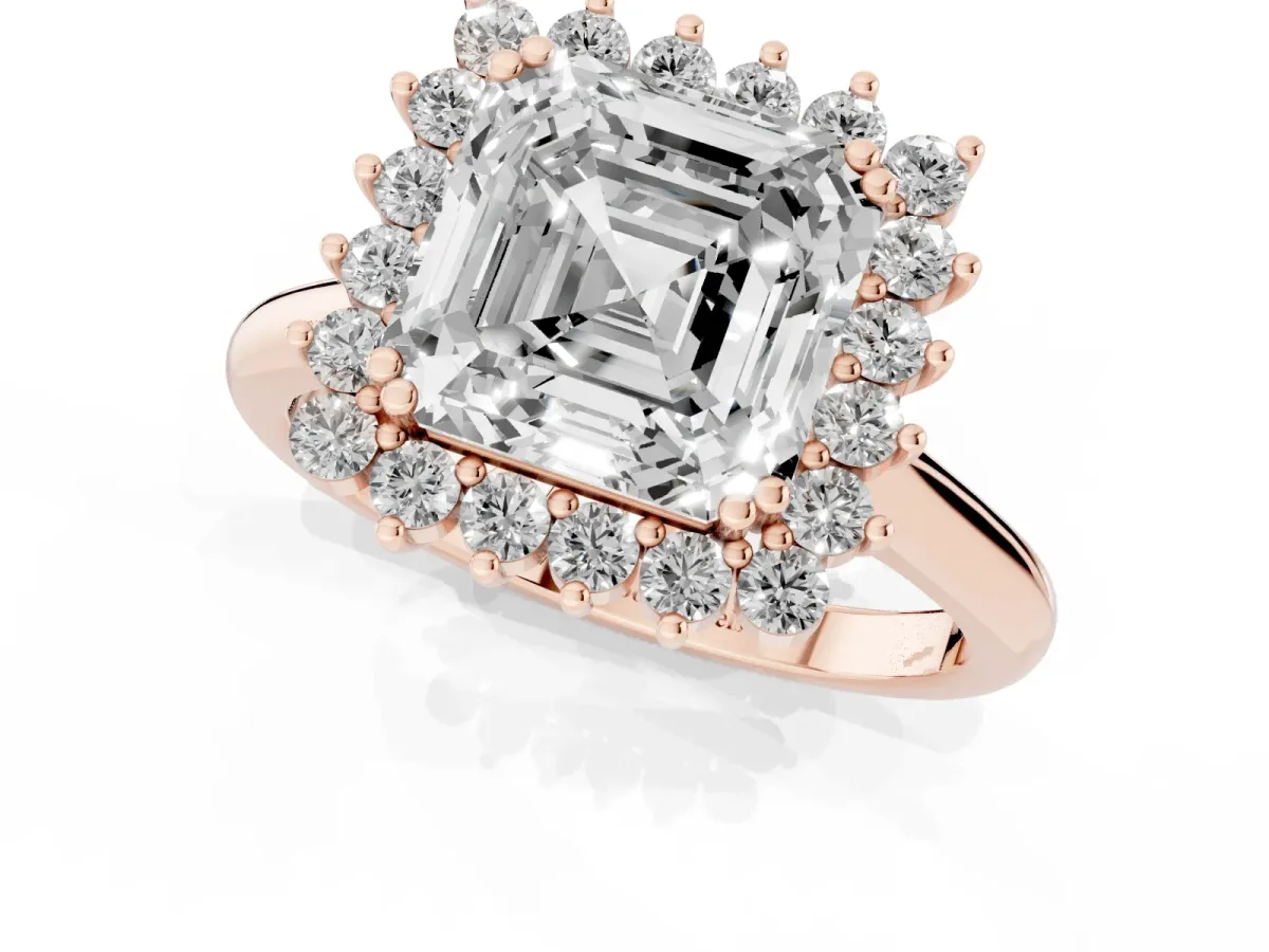Asscher Cut Cut Diamond Halo Ring with Solitaire Band and Prong Setting Rose gold