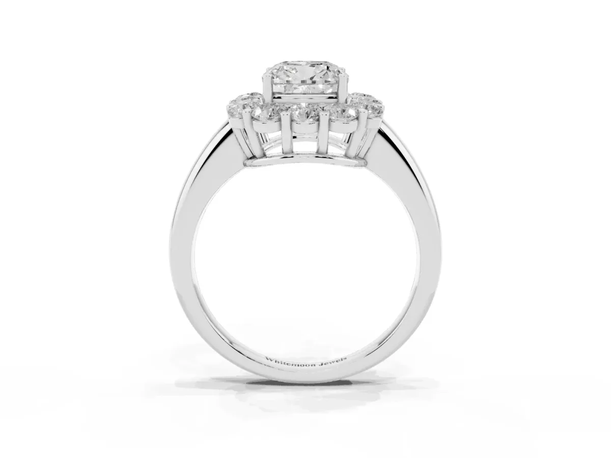 Cushion Cut Halo Cluster Diamond Engagement Ring with Prong Setting and Polished Band Platinum