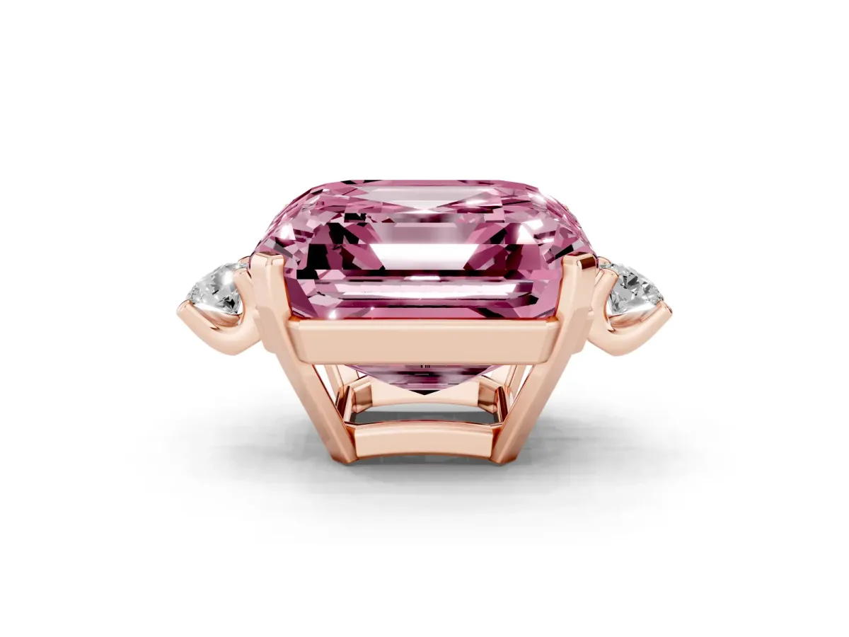 Fancy Pink Asscher Cut Cut Three-Stone Solitaire Ring with Round Accent Diamonds and Four-Prong Setting Rose gold