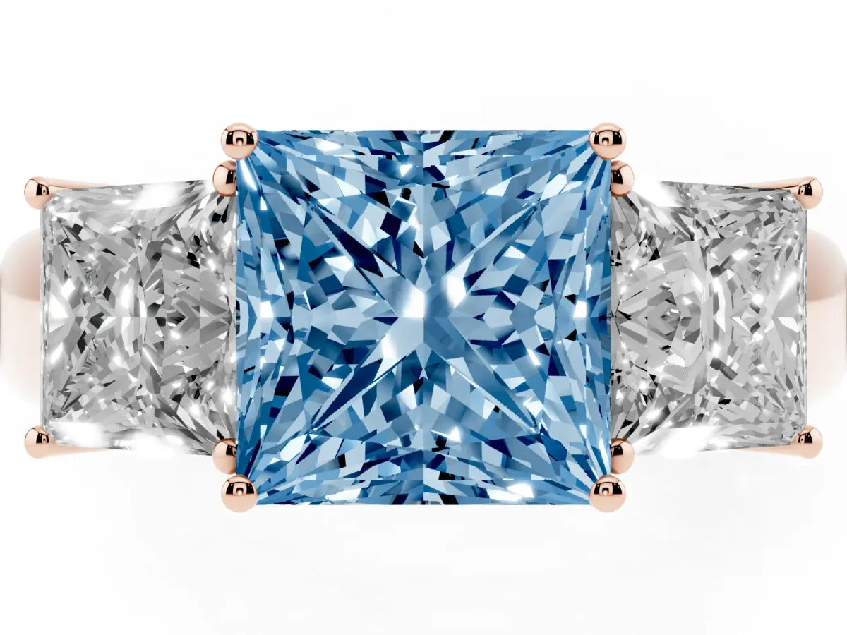 Fancy Blue Three-Stone Princess Cut Cut Diamond Ring with Prong Setting and Classic Band Rose gold