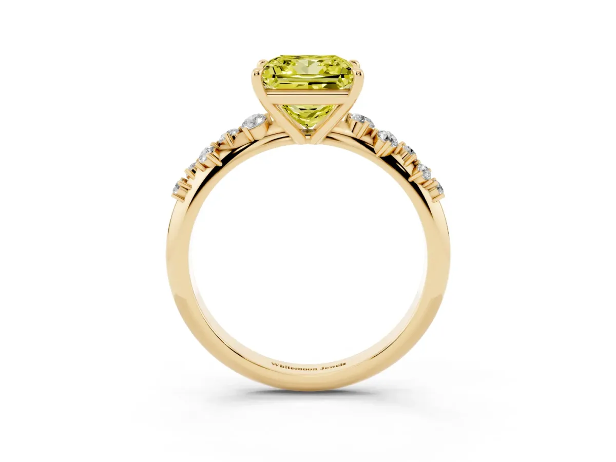 Fancy Yellow Princess Cut Diamond Cluster Side Stone Solitaire Ring with Prong Setting Yellow gold