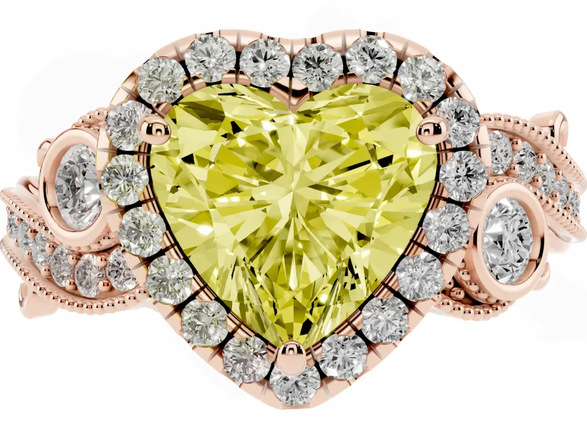 Fancy Yellow Heart Cut Halo Diamond Ring with Milgrain and Bezel Accents on a Split Shank Band Rose gold