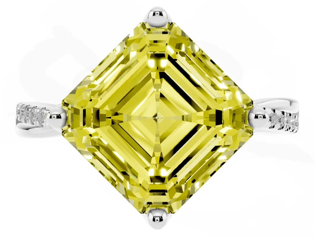 Fancy Yellow Asscher Cut Solitaire Twist Band with Pavé Diamonds and Four-Prong Setting Silver