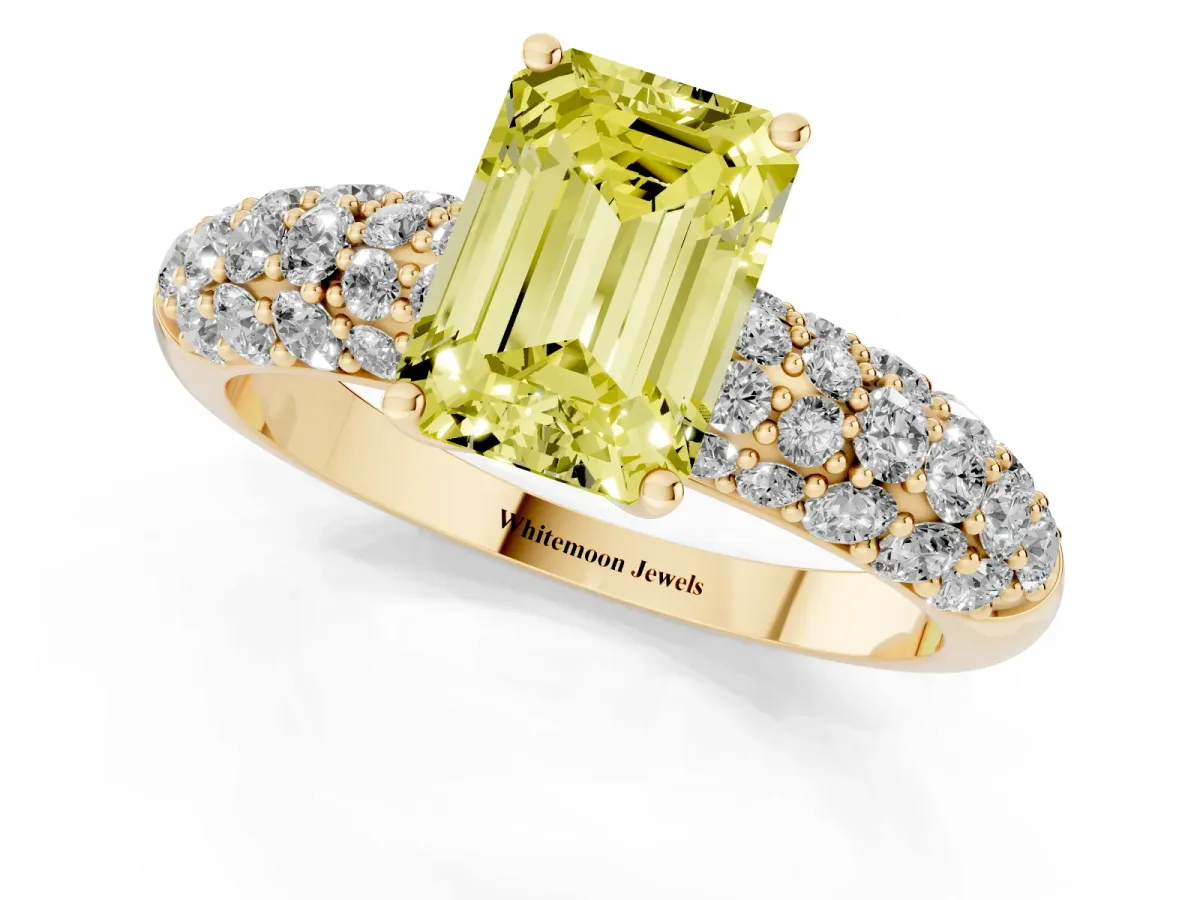 Fancy Yellow Emerald Cut Diamond Pavé Band Solitaire Ring with Four-Prong Setting Yellow gold