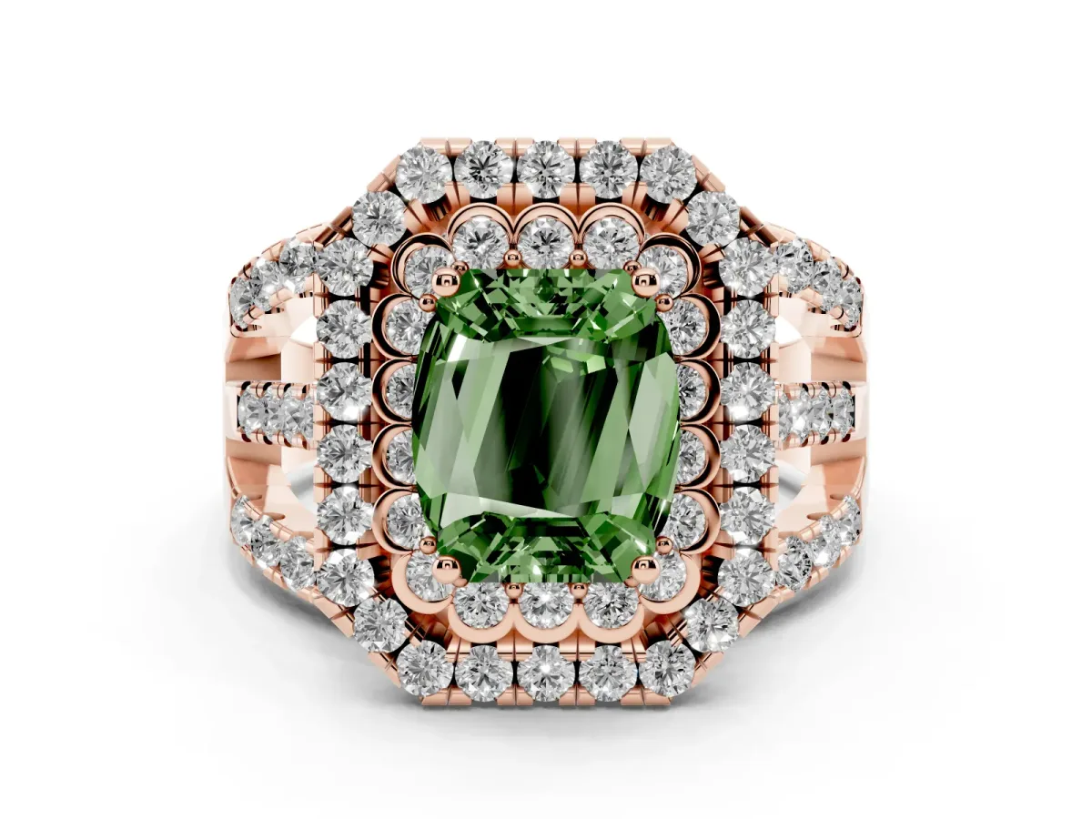 Fancy Green Emerald Cut Diamond Double Halo Ring with Round Pavé Split Shank and Prong Setting Rose gold