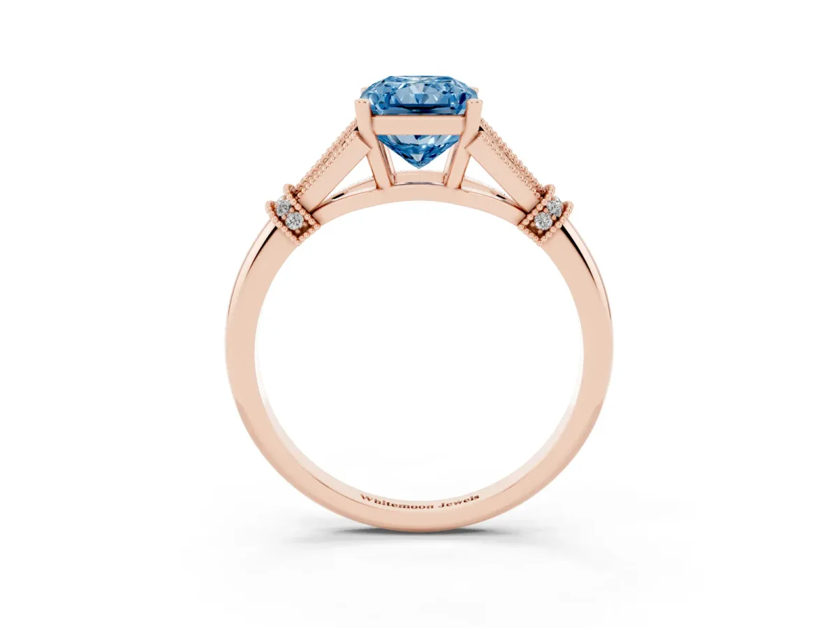 Fancy Blue Radiant Cut Diamond Solitaire Ring with Floral Filigree and Pave Accents Rose gold