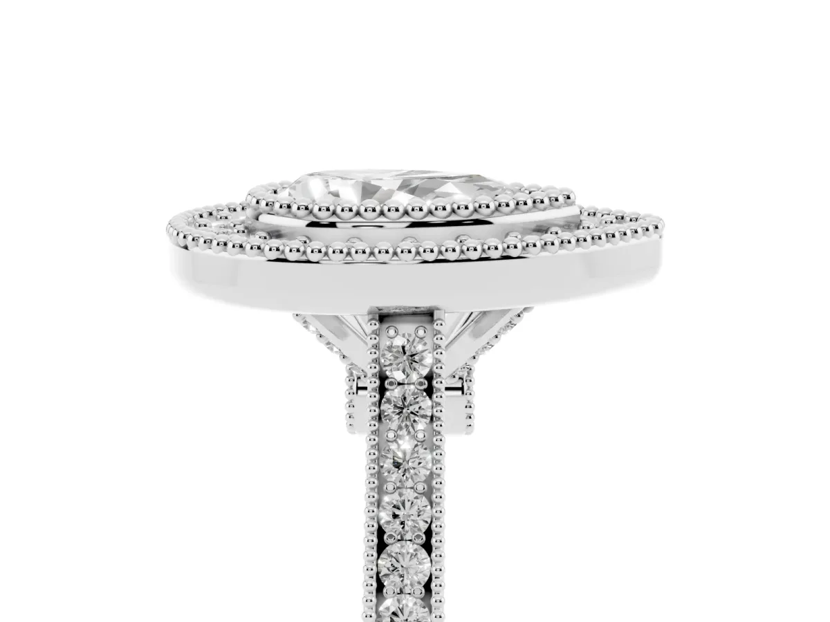 Pear Cut Diamond Halo Ring with Milgrain Frame and Pavé Band Silver