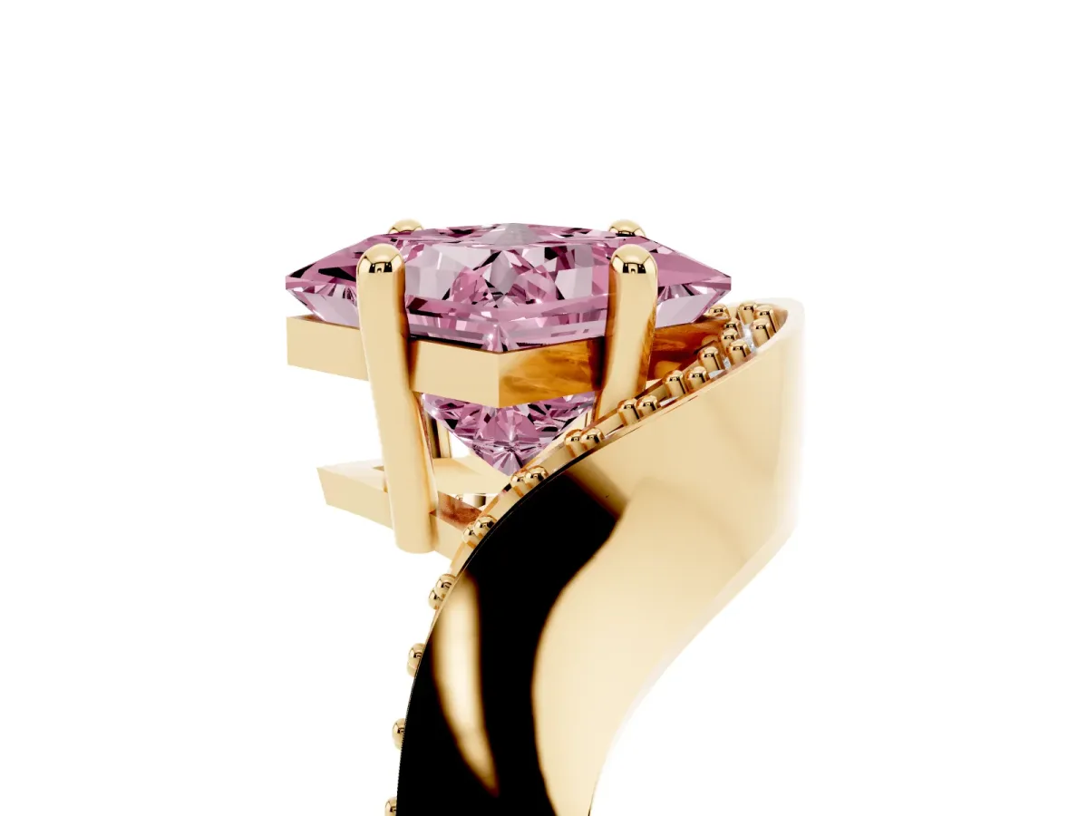 Fancy Pink Princess Cut Solitaire Diamond Engagement Ring with Pave Band and Four-Prong Setting Yellow gold