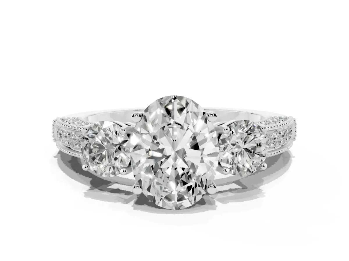 Oval Cut Three-Stone Diamond Ring with Pavé Band and Four-Prong Setting Silver
