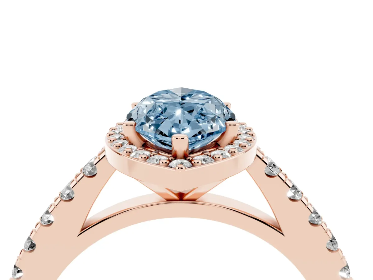 Fancy Blue Marquise Cut Cut Halo Diamond Engagement Ring with Pave Band and Four-Prong Setting Rose gold