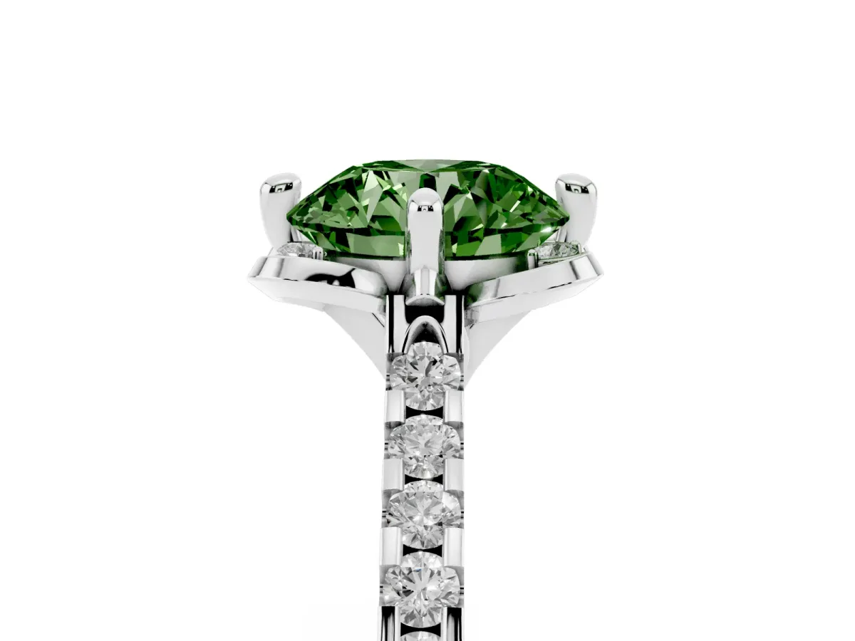 Fancy Green Round Cut Diamond Ring with Pavé Band and Floral Prong Setting Silver