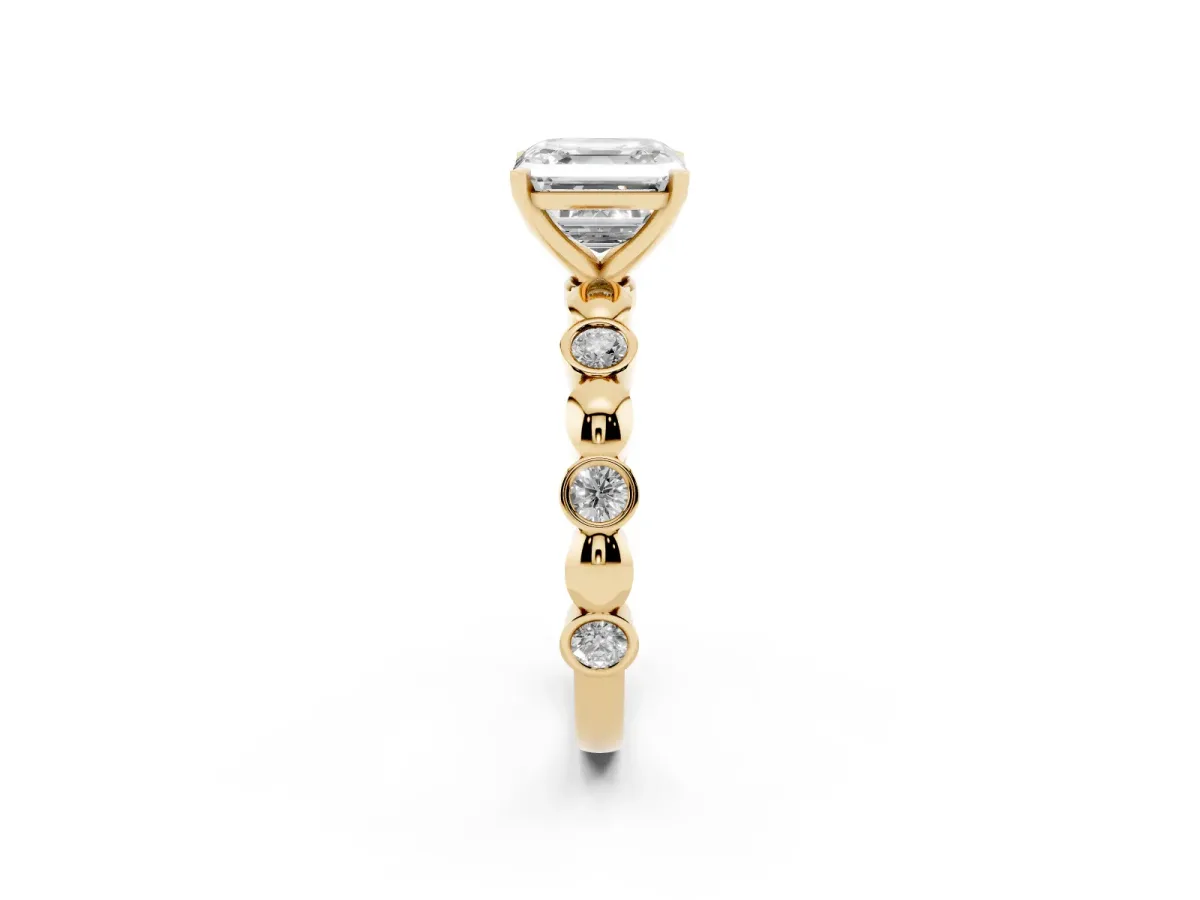 Asscher Cut Solitaire Bezel-Set Diamond Ring with Beaded Band and Four-Prong Setting Yellow gold