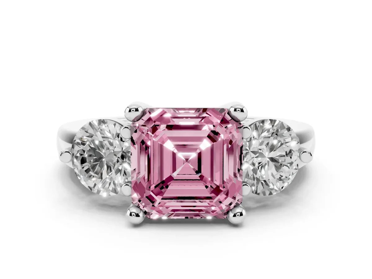 Fancy Pink Three-Stone Asscher Cut Brilliant Cut Solitaire Ring with Prong Setting on a Classic Band Platinum