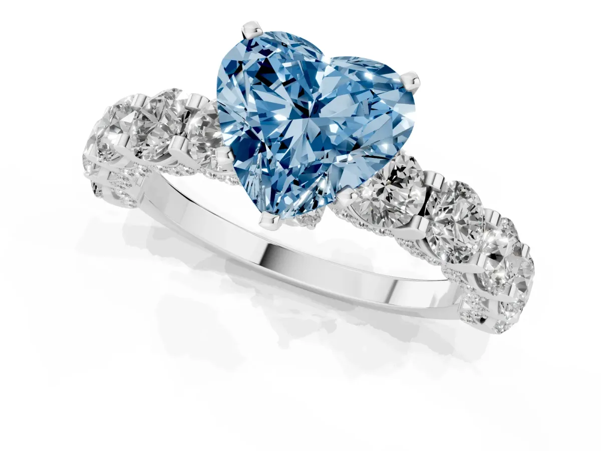 Fancy Blue Heart Cut Diamond Side Stone Engagement Ring with Four-Prong Setting White gold