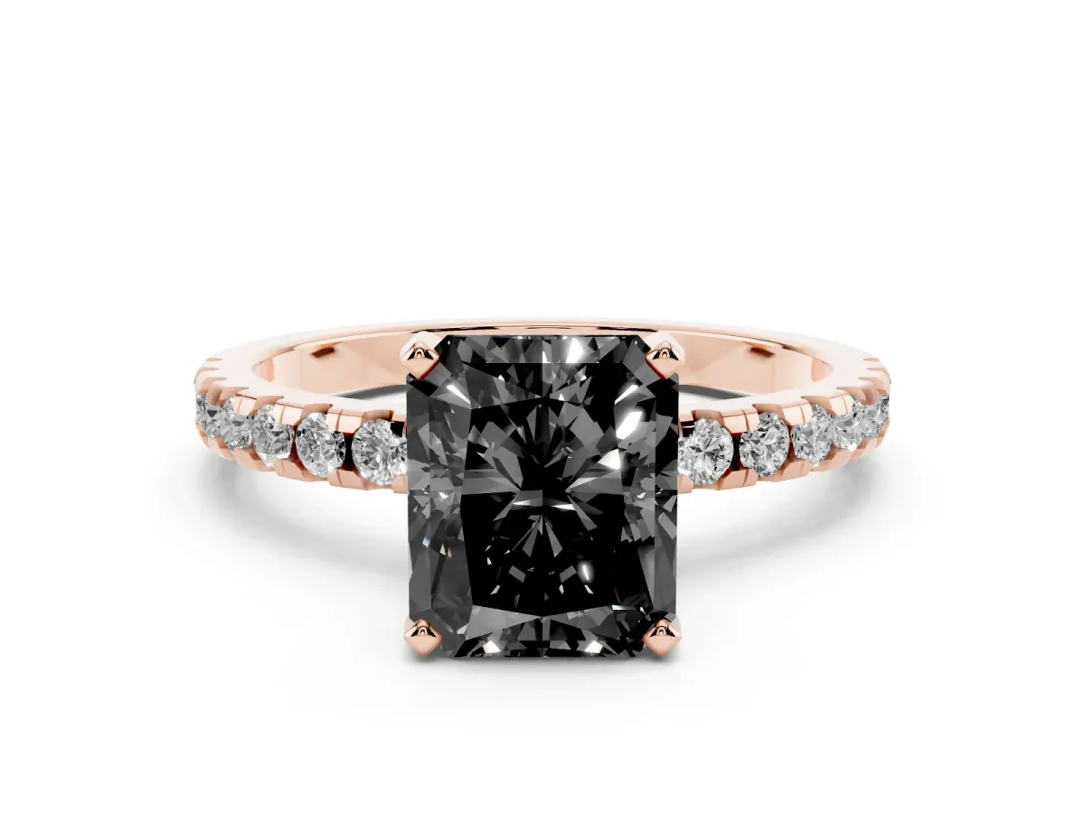 Fancy Black Radiant Cut Diamond Solitaire Ring with Round Pavé Band and Four-Prong Setting Rose gold