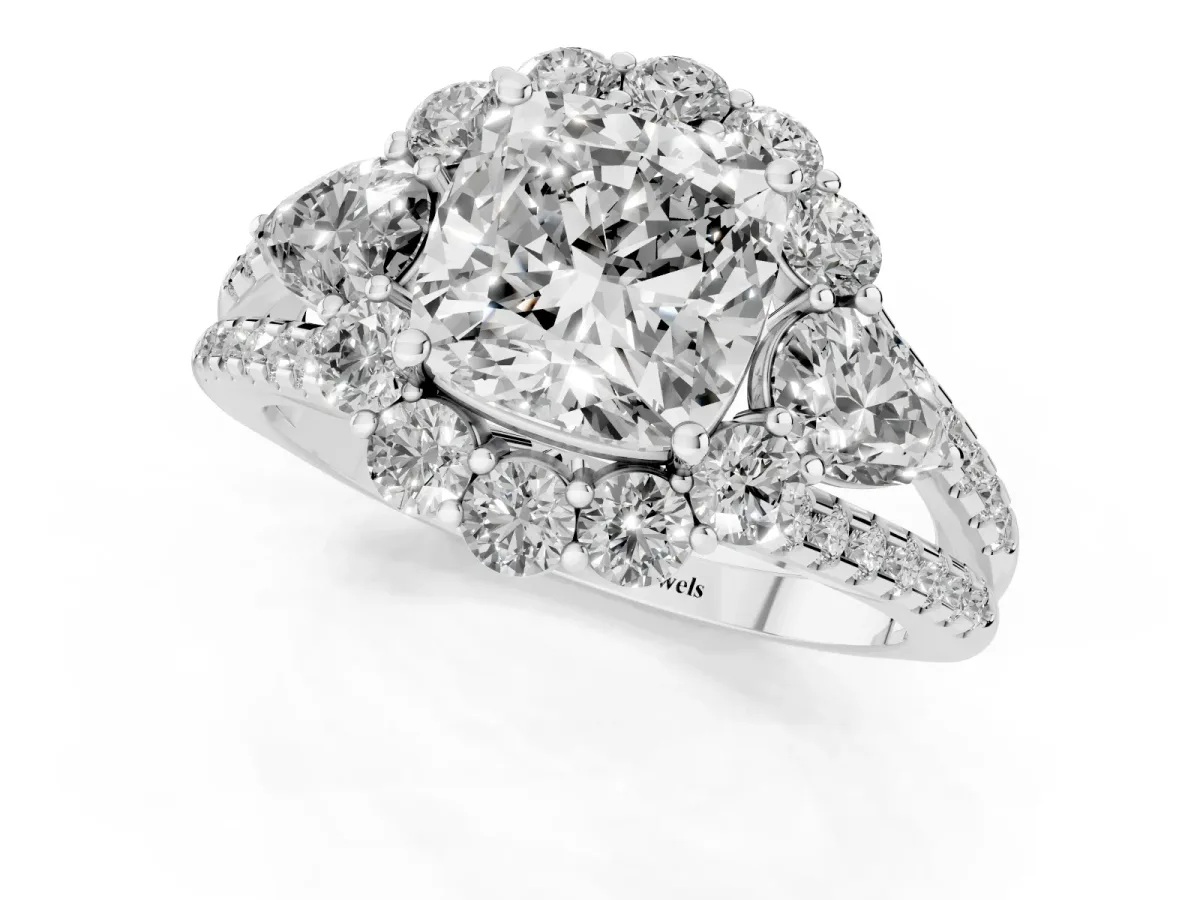 Cushion Cut Halo Split Shank Diamond Engagement Ring with Prong Setting Platinum