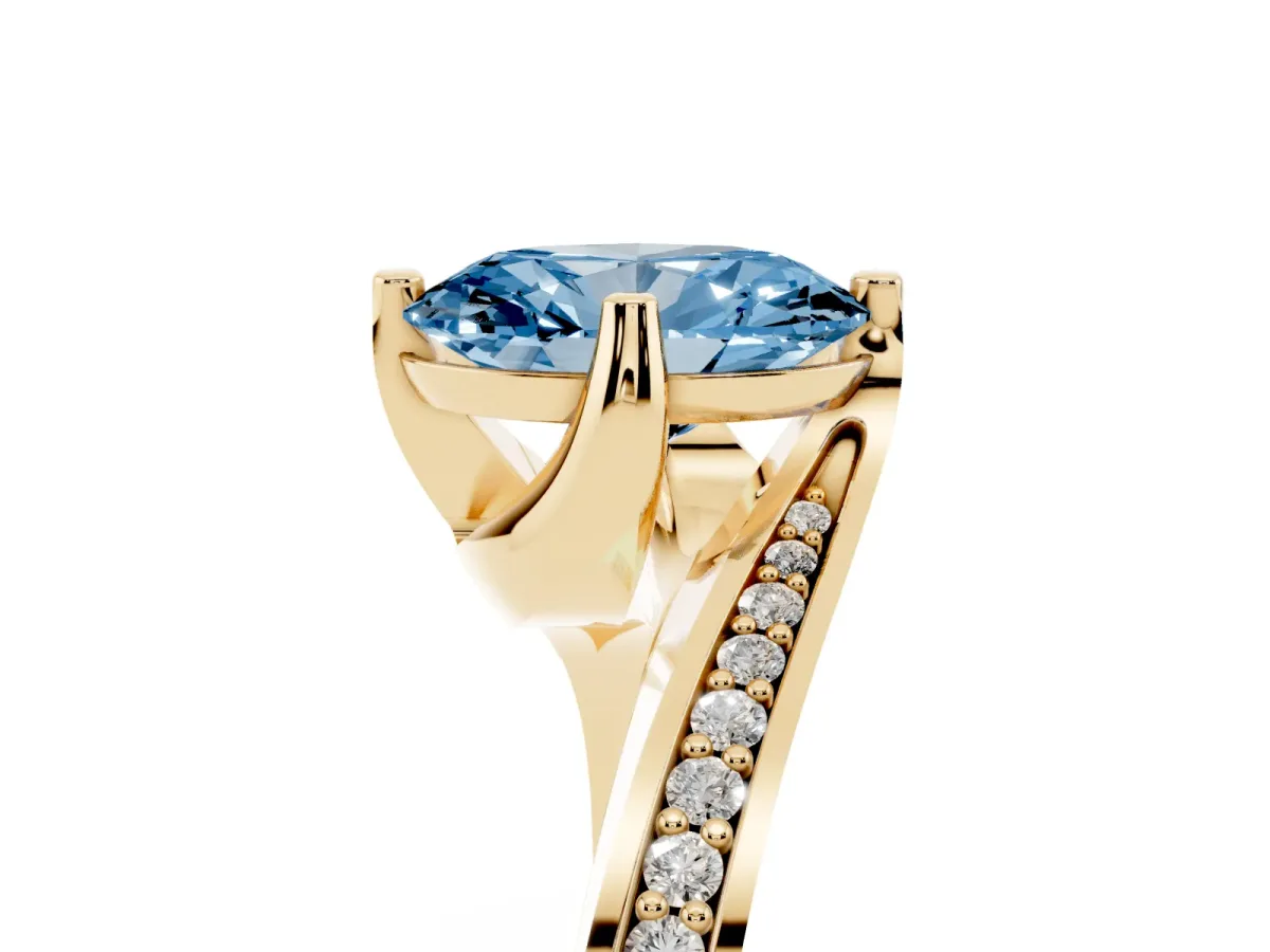Fancy Blue Oval Cut Solitaire Diamond Twist Band with Pavé Setting and Four-Prong Setting Yellow gold
